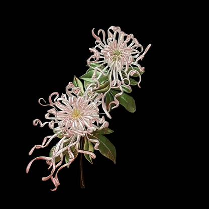Detailed view of a single pink Chanhua chrysanthemum ornament showing the intricate thread-wrapped curled petals and green foliage.