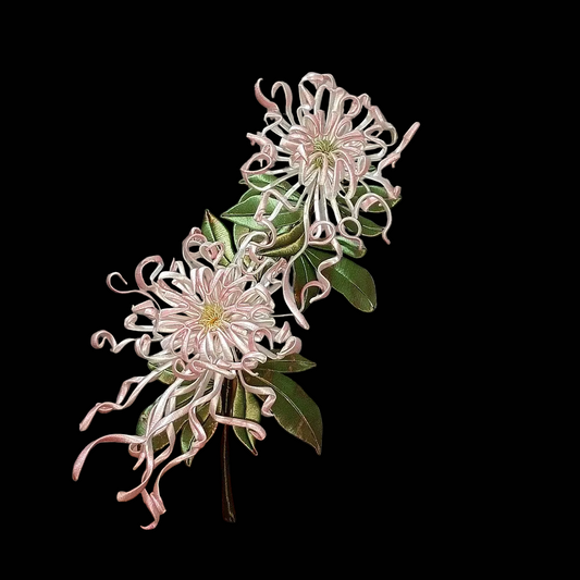 Detailed view of a single pink Chanhua chrysanthemum ornament showing the intricate thread-wrapped curled petals and green foliage.