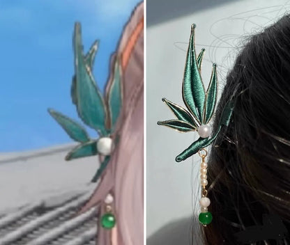 Handmade Chanhua bamboo - leaf hairpin with pearl and bead tassel