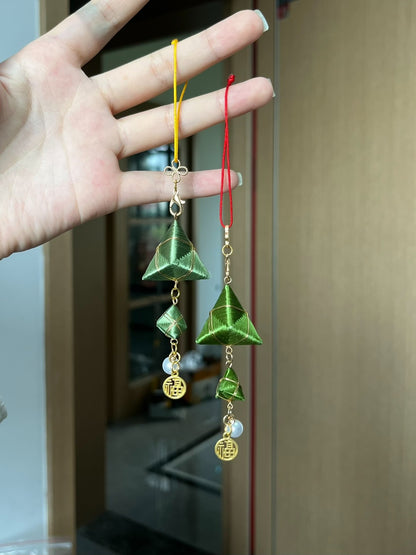 Handmade Chanhua zongzi - shaped earrings and charms with green color, golden accents and lucky "Fu" emblem