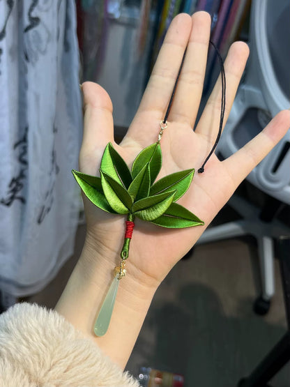 Handmade Chanhua pomelo leaf brooch and pendant with green leaves and bead - like drops-2