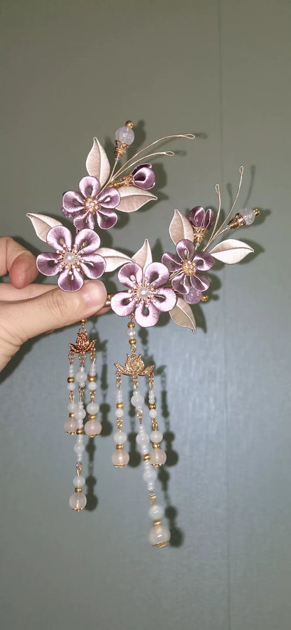 Lavender Handmade Chanhua hair clips with tassel on dark hair-2