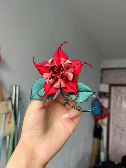 Handmade Chanhua Lu Chen Mandala Flower Brooch with red flower and green leaves-5