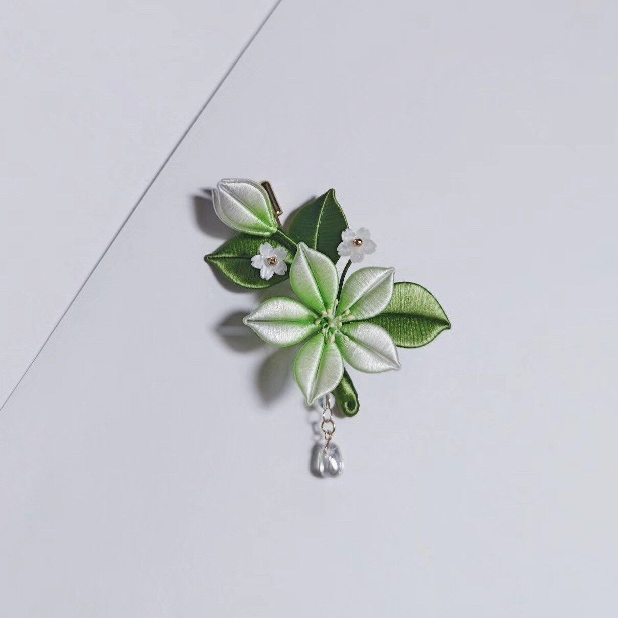 Handmade Chanhua Jasmine Brooch & Hairpin - Green & White with Crystal Drop