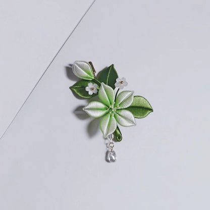 Handmade Chanhua Jasmine Brooch & Hairpin - Green & White with Crystal Drop