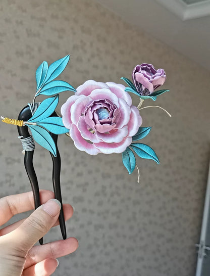 Handmade Chanhua peony hairpin with pink flower and blue leaves-6