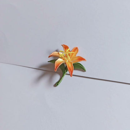 Handmade Chanhua Lily Brooch - Orange Flower & Green Leaves