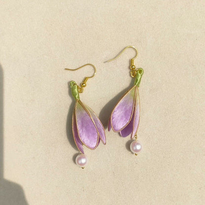 Orecchini pendenti Magnolia Ronghua fatti a mano - Orecchini floreali pendenti artigianali in seta