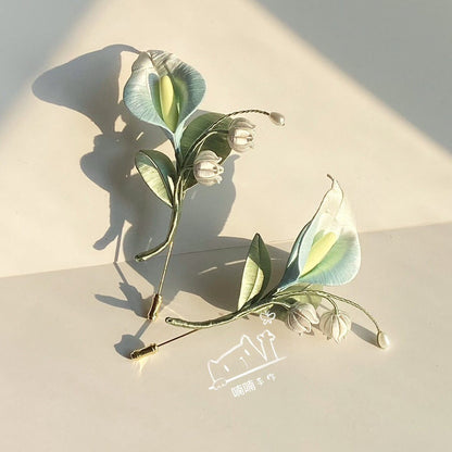 Handmade Chanhua Calla Lily Lily of the Valley - Handcrafted Artisan Floral Brooch