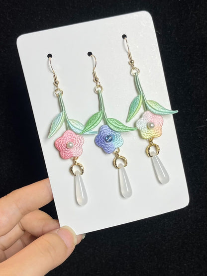 Handmade Chanhua Five - Petal Flower Earrings with pastel flowers, green leaves and white pendants