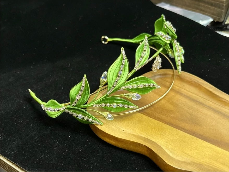A golden yellow handmade Chanhua laurel crown with crystal embellishments-3