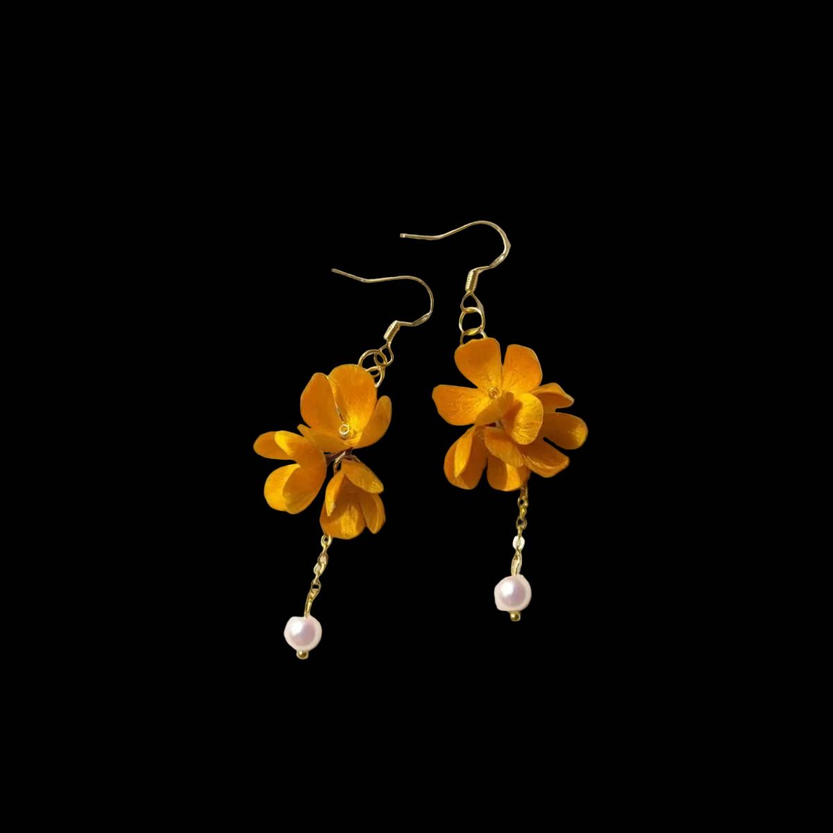 Handcrafted golden Osmanthus Ronghua earrings with soft velvet-textured silk blossoms and delicate pearl drops on gold-tone chains.