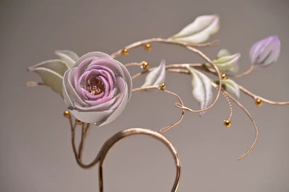 Handmade Chanhua lilac rose hairpin with leaves and metal details-3