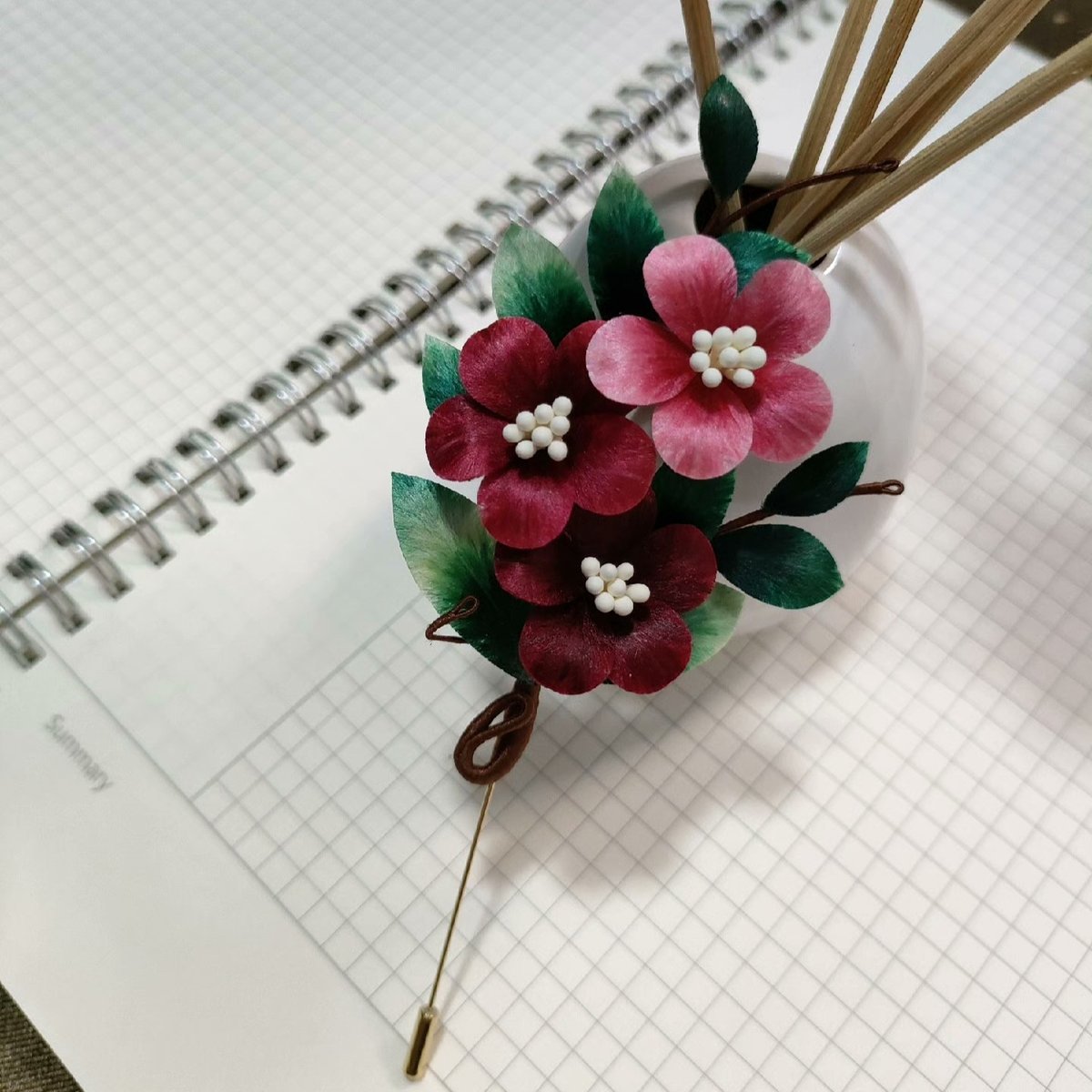 Handmade Ronghua Silk Velvet Three Flower Brooch - Pink and Red Plum Blossom