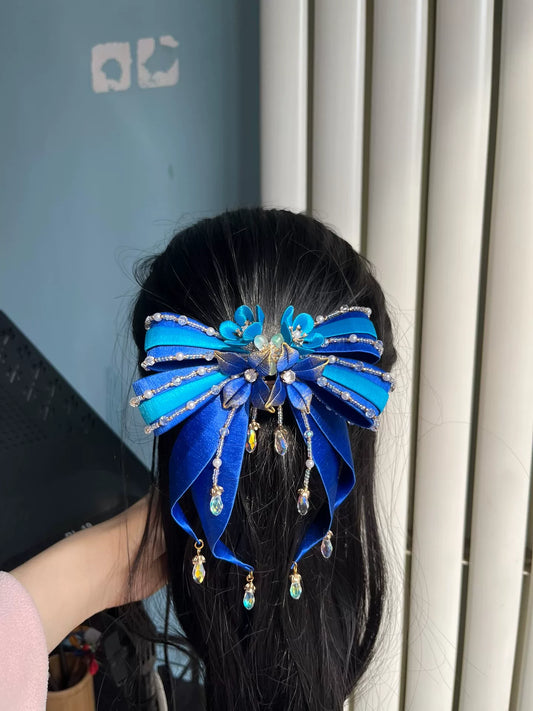 Large blue bow hairpin with Chanhua patterns and hanging tassels