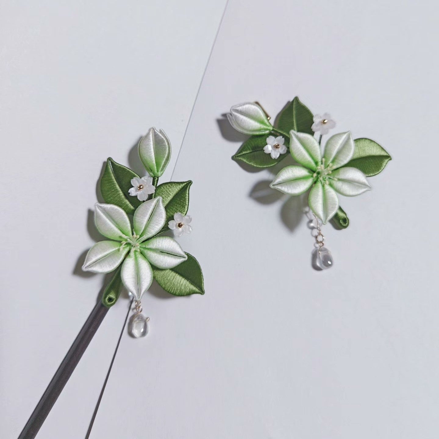 Handmade Chanhua Jasmine Brooch & Hairpin - Green & White with Crystal Drop