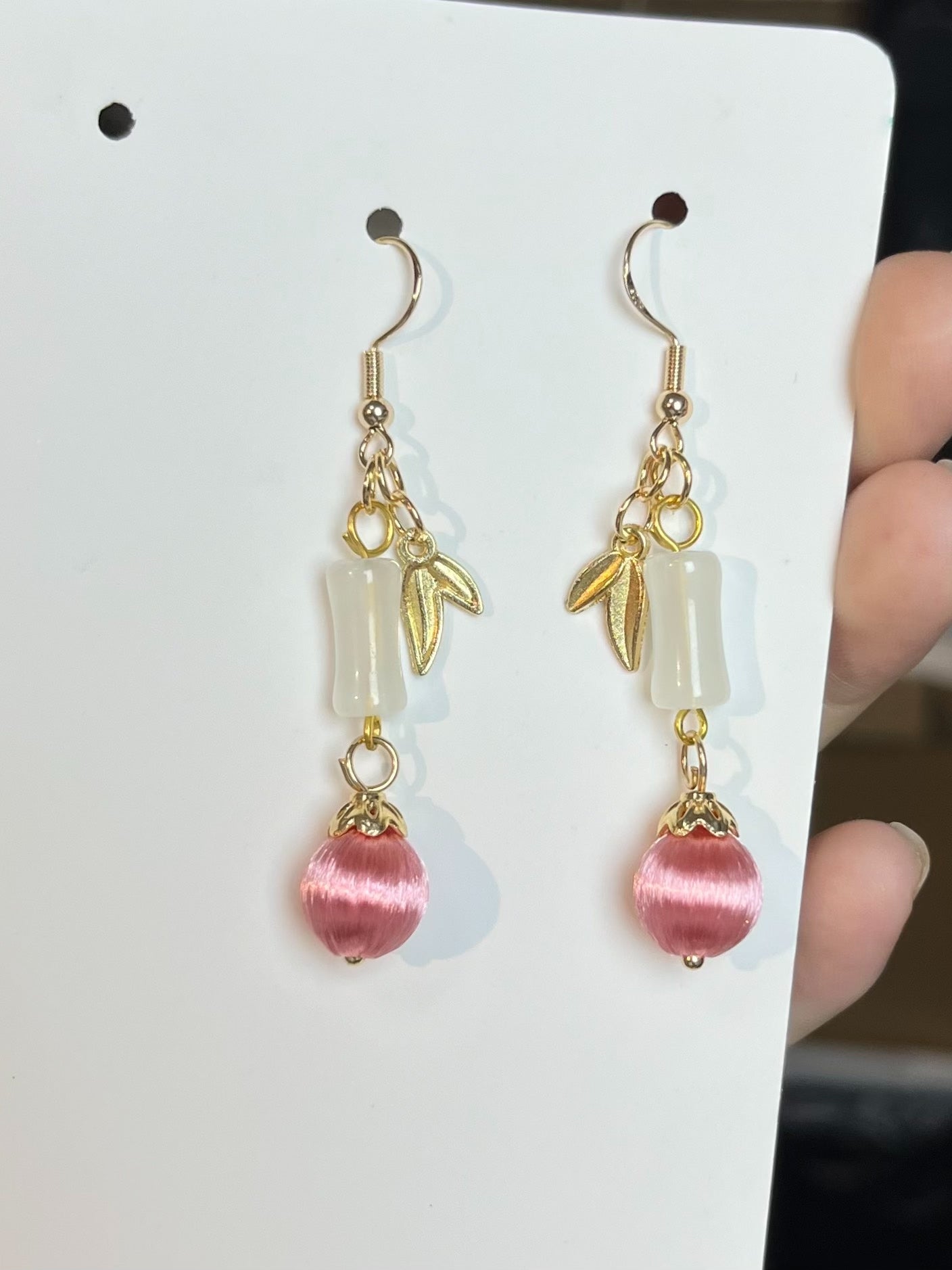 Handmade Chanhua bamboo - berry earrings with white bamboo, golden leaves, and pink berries