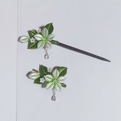 Handmade Chanhua Jasmine Brooch & Hairpin - Green & White with Crystal Drop