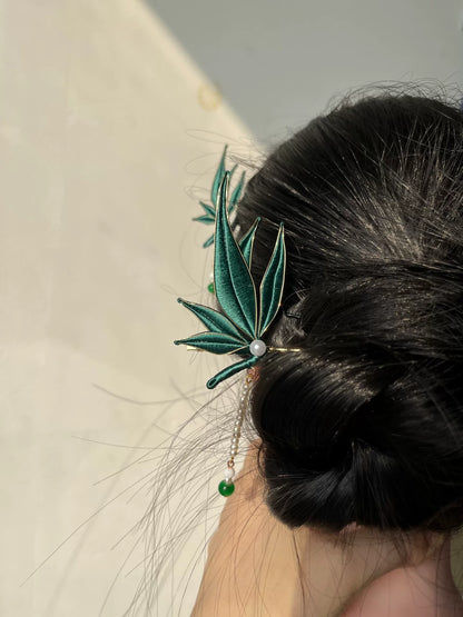 Handmade Chanhua bamboo - leaf hairpin with pearl and bead tassel-3