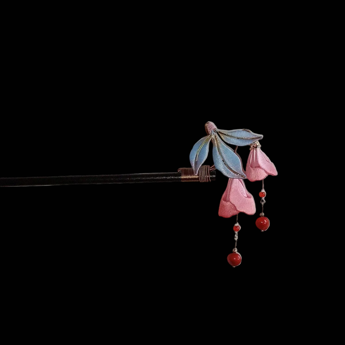 Handcrafted Chanhua thread-wrapped hairpin featuring pink Fuchsia blossoms, blue-gradient leaves, and red bead drops