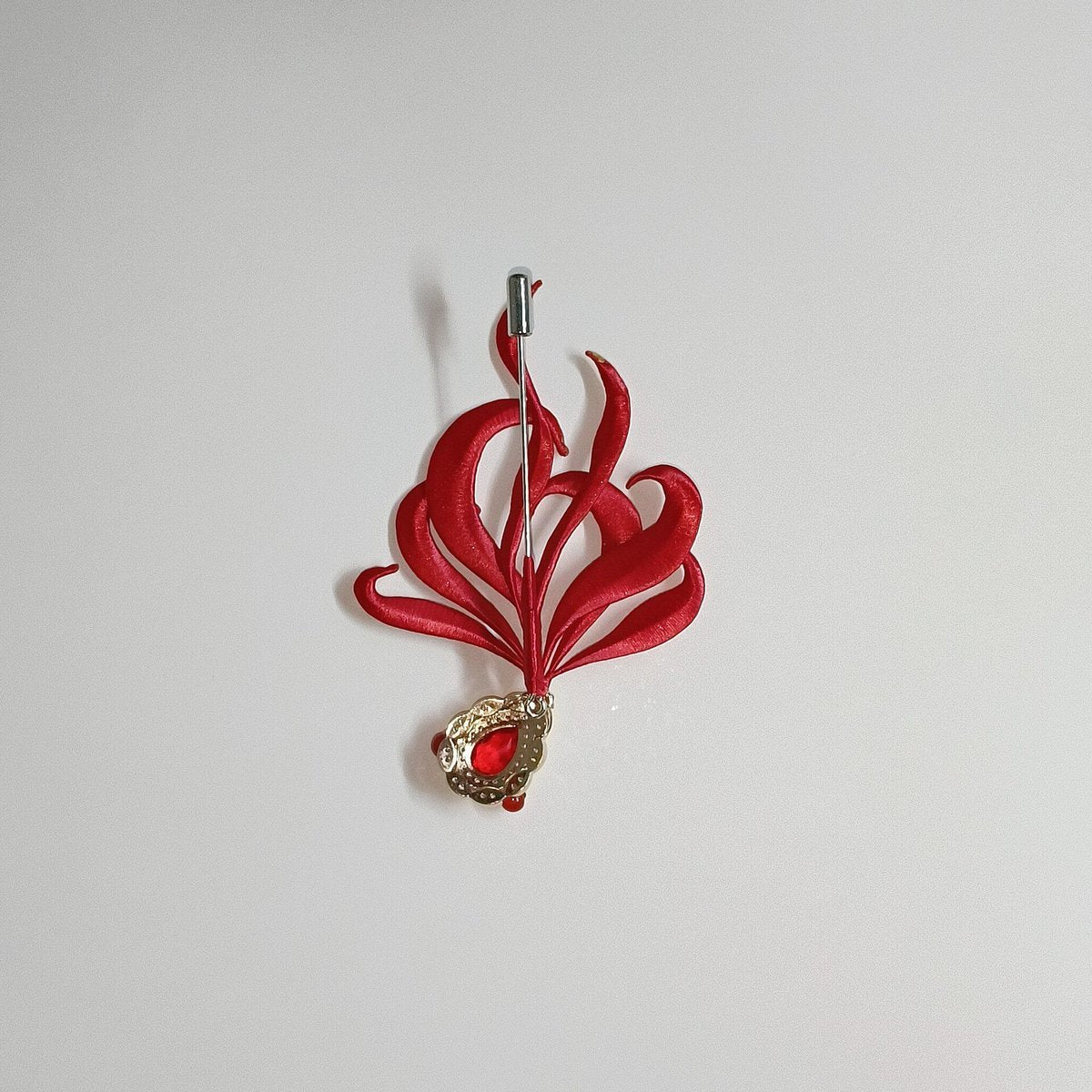 Handcrafted Chanhua thread-wrapped brooch in a vibrant red goldfish design, featuring flowing fins and a gold-tone accent with a red gemstone.
