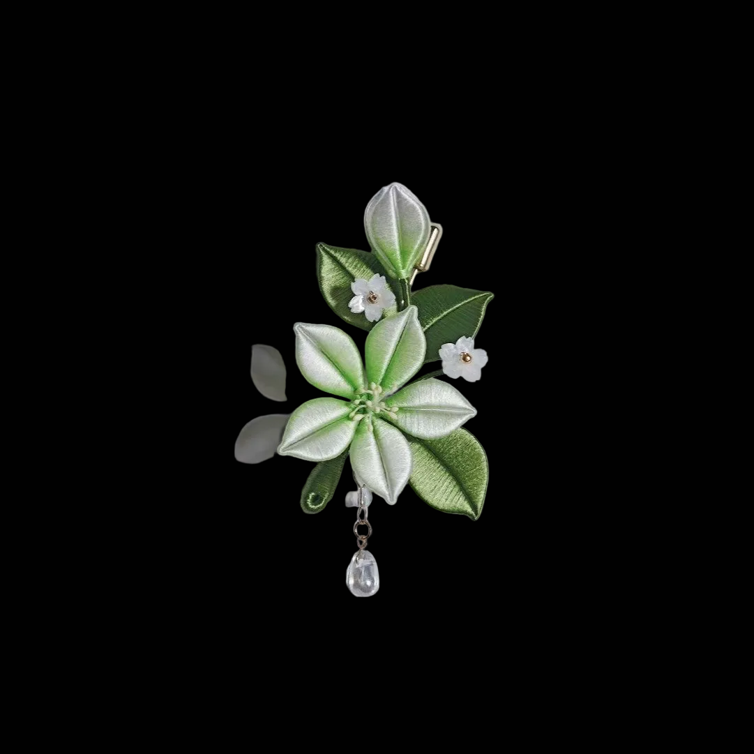 Handmade Chanhua Jasmine Brooch & Hairpin - Green & White with Crystal Drop