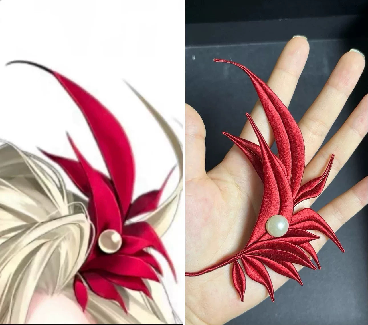 A red handmade Chanhua - style Zhang He hair accessory with a pearl in the center on a wooden box-4