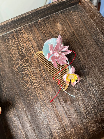 Handmade Chanhua lotus hair comb with pink and yellow flowers-3