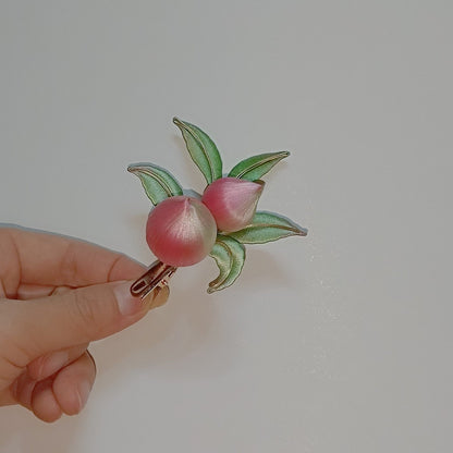 Barrette pêche enroulée de fil fait main - Accessoire artisanal de fruit Chanhua