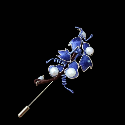 Broche Gourde Ronghua Faite à la Main - Velours Bleu avec Perle - Mariage & Quotidien