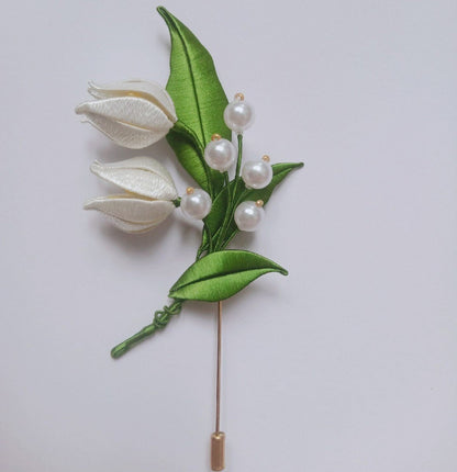Handmade Thread-Wrapped Lily of the Valley Brooch - Artisanal Chanhua Floral Pin