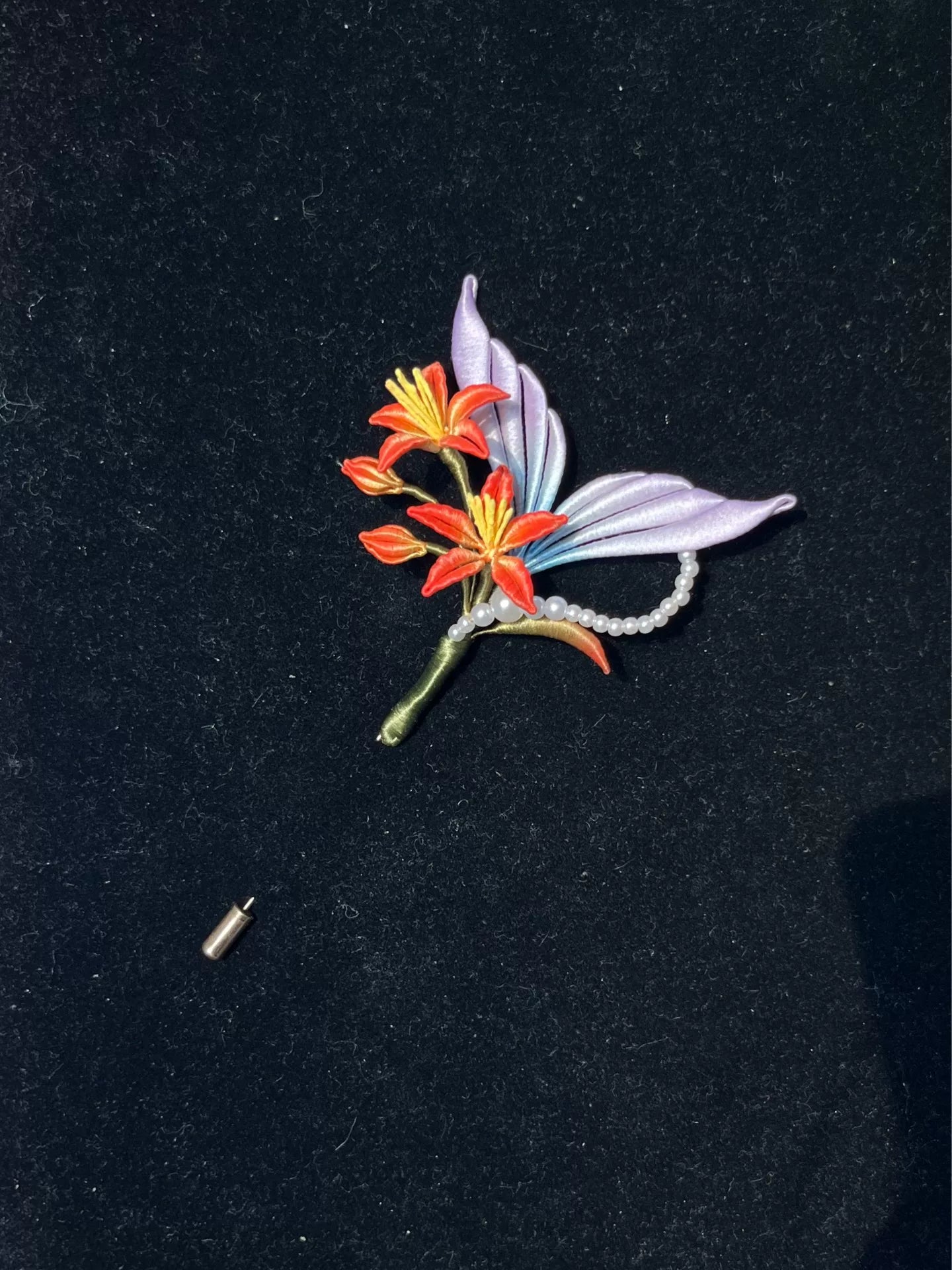 Handmade Chanhua fish - tail galangal lily brooch with orange - red flowers, pastel leaves and pearl accents-2