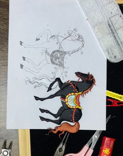 A hand - held handmade Chanhua horse ornament with a black body and orange mane and tail-2