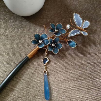 Pince à Cheveux Fleur en Velours de Soie Ronghua Faite à la Main - Prunier Bleu Papillon Accessoire Chinois