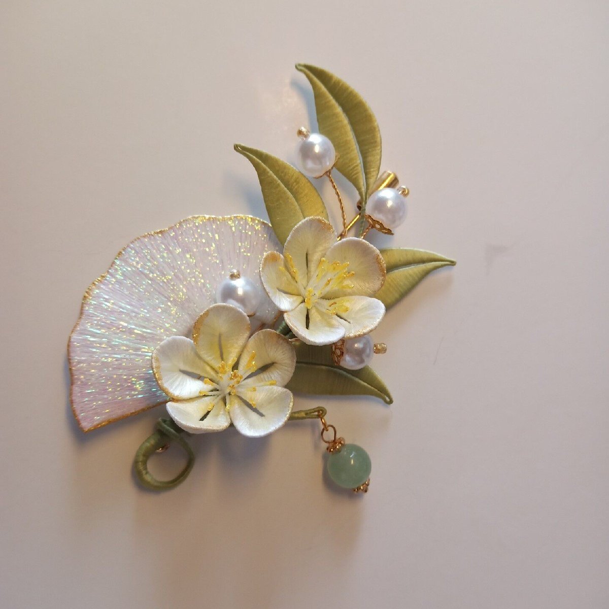 Handmade Thread-Wrapped Folding Fan & Floral Brooch - Artisanal Chanhua Elegant Botanical Pin