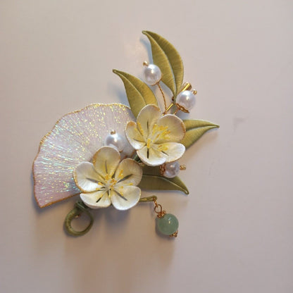 Handmade Thread-Wrapped Folding Fan & Floral Brooch - Artisanal Chanhua Elegant Botanical Pin