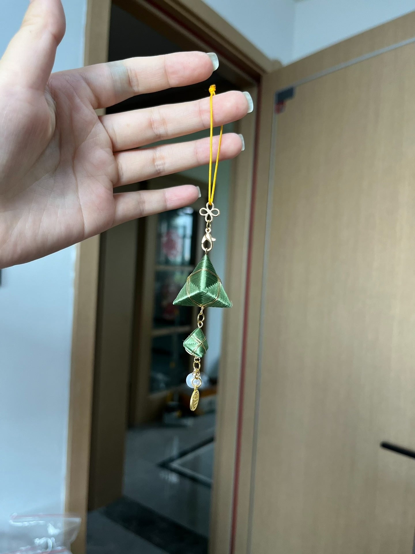 Handmade Chanhua zongzi - shaped earrings and charms with green color, golden accents and lucky "Fu" emblem-3