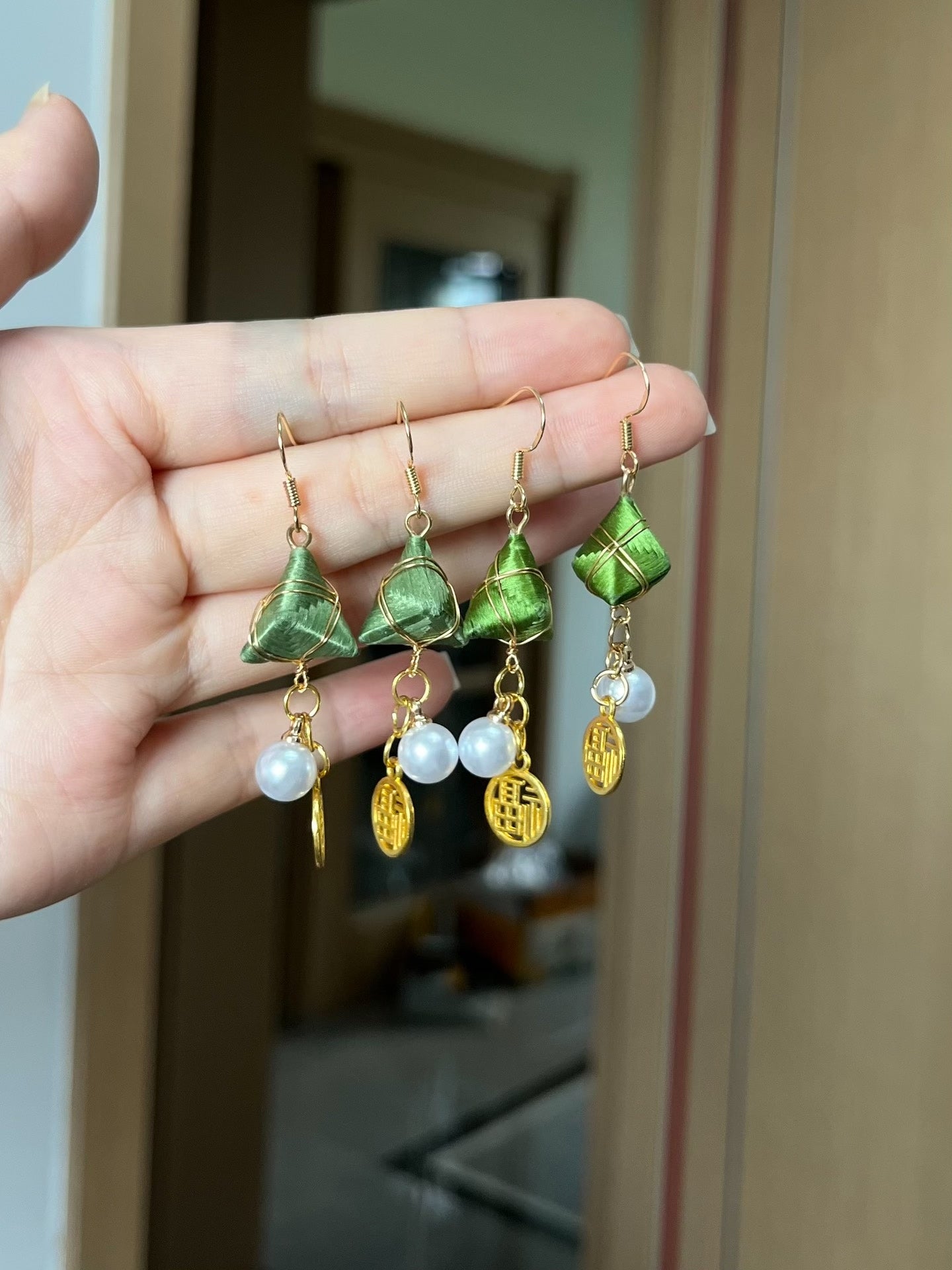 Handmade Chanhua zongzi - shaped earrings and charms with green color, golden accents and lucky "Fu" emblem-4