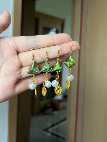 Handmade Chanhua zongzi - shaped earrings and charms with green color, golden accents and lucky "Fu" emblem-4