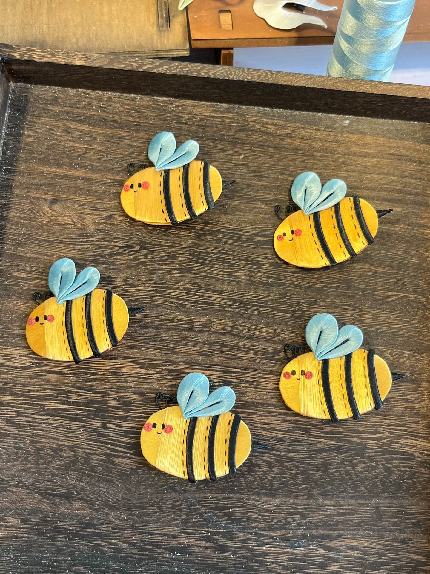 A handmade little bee hair clip that can be used as a brooch, with yellow - black body, blue wings, and cute eyes-6