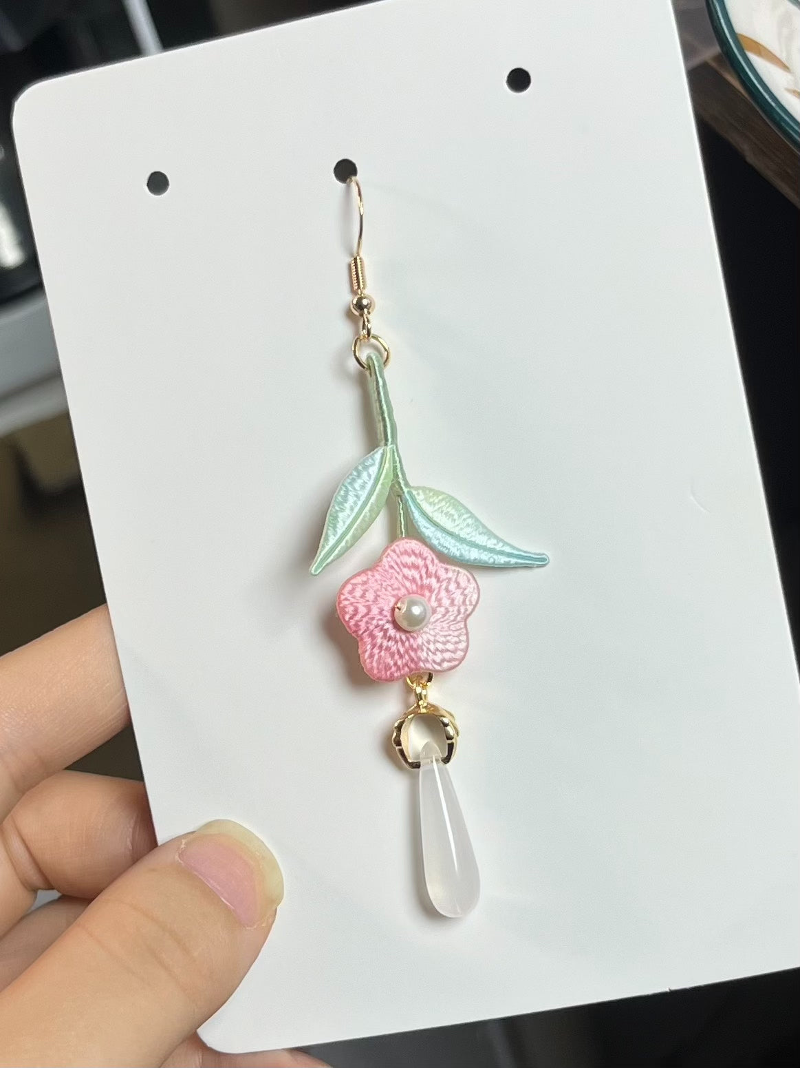Handmade Chanhua Five - Petal Flower Earrings with pastel flowers, green leaves and white pendants-3