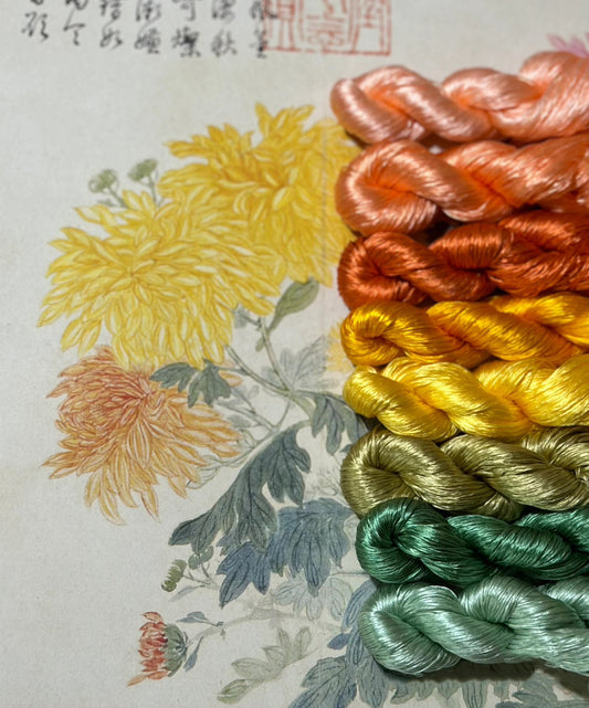 80m Suzhou Embroidery Untwisted Mulberry Silk Thread(#复古烟花菊  80m*8) - Ronghua Threads