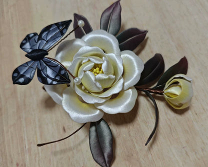 Fermaglio su misura Peonia e Farfalla - Fermaglio in seta (Chanhua)