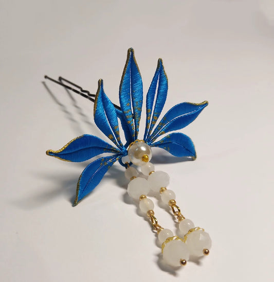 Fermaglio per Capelli Fatto a Mano Foglie Blu - Fermaglio per Capelli in Seta (Chanhua)