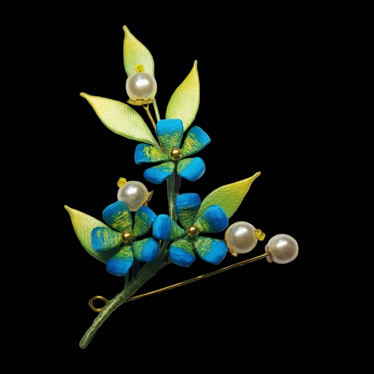 Spilla Artigianale Fiore Blu E Verde - Spilla in Seta (Chanhua)