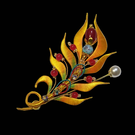 Spilla fatta a mano in stile Dunhuang con piume - Spilla di seta (Chanhua)