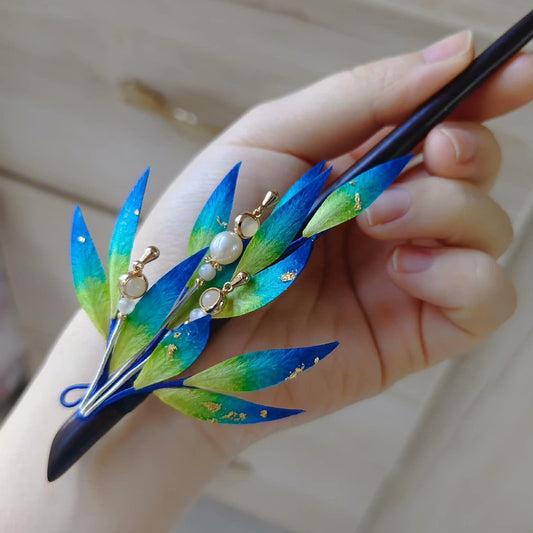 Fermaglio su misura Blue Leaves - Fermaglio di seta (Ronghua)