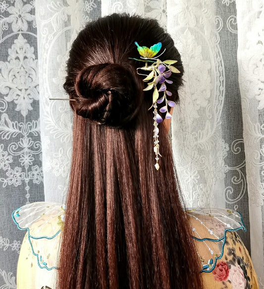 Fermaglio per capelli su misura con farfalla e fiori di glicine - Fermaglio per capelli in seta (Ronghua)