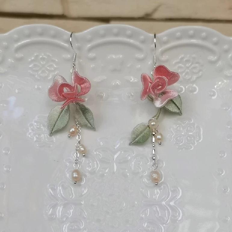 Boucles d'oreilles Rose Sur Mesure - Boucles d'oreilles en soie (Chanhua)