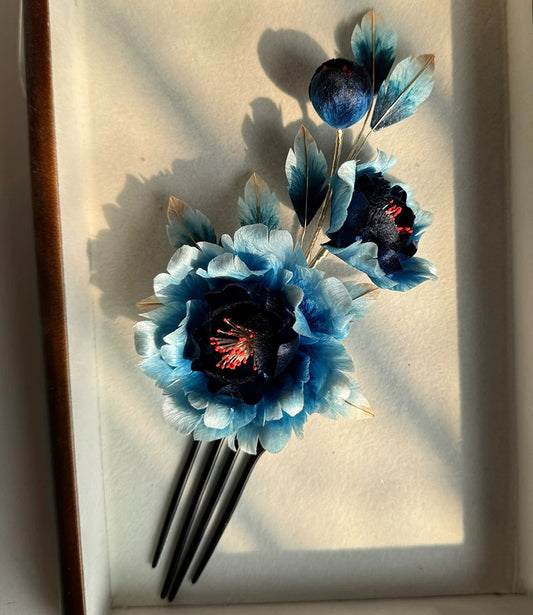 Fermaglio su Misura Peonia Nera e Blu - Fermaglio in Seta (Ronghua)